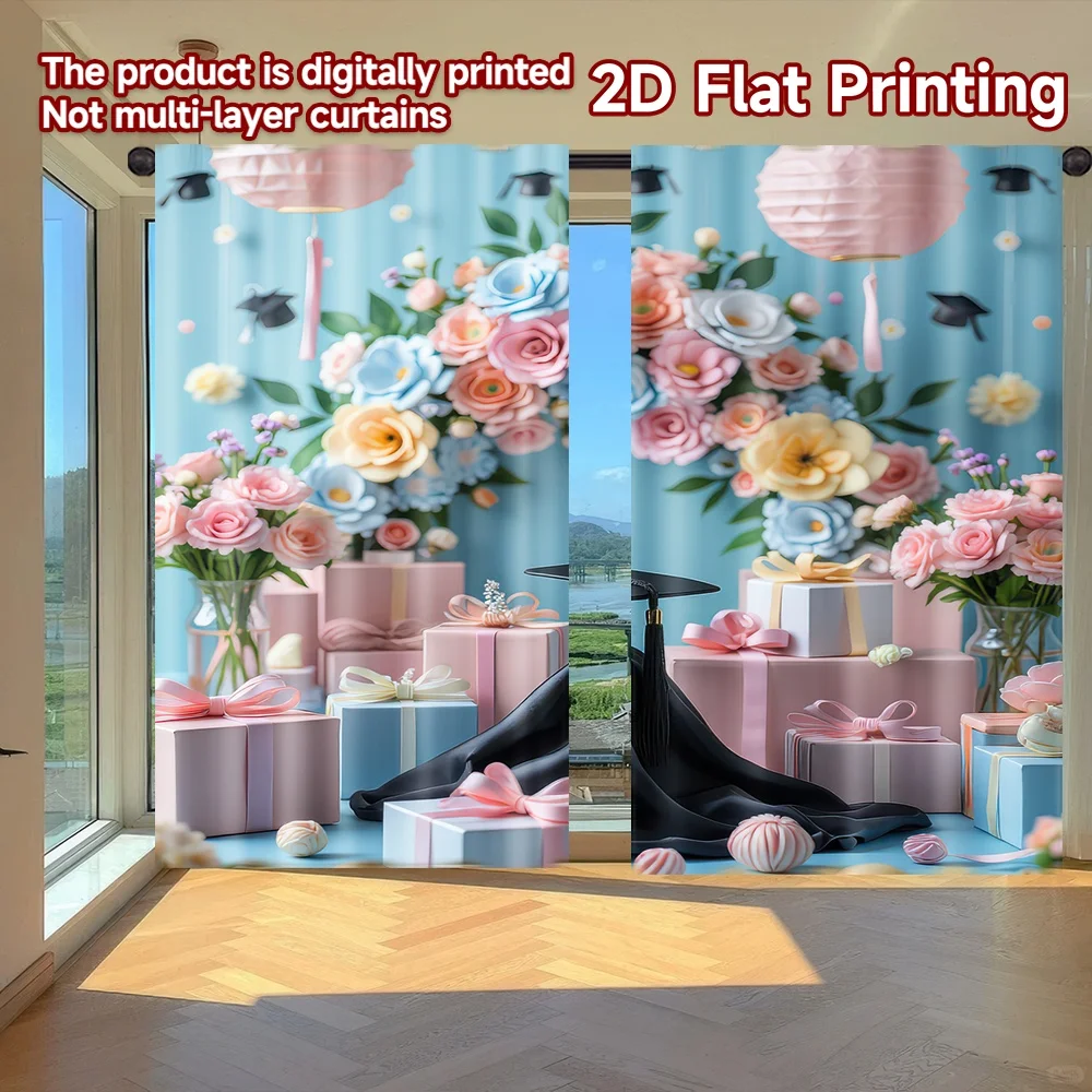 

2D flat printing 2pcs Window Curtains Graduation Celebration Flowers Digital Printed Polyester Drapes Family Party Decoration