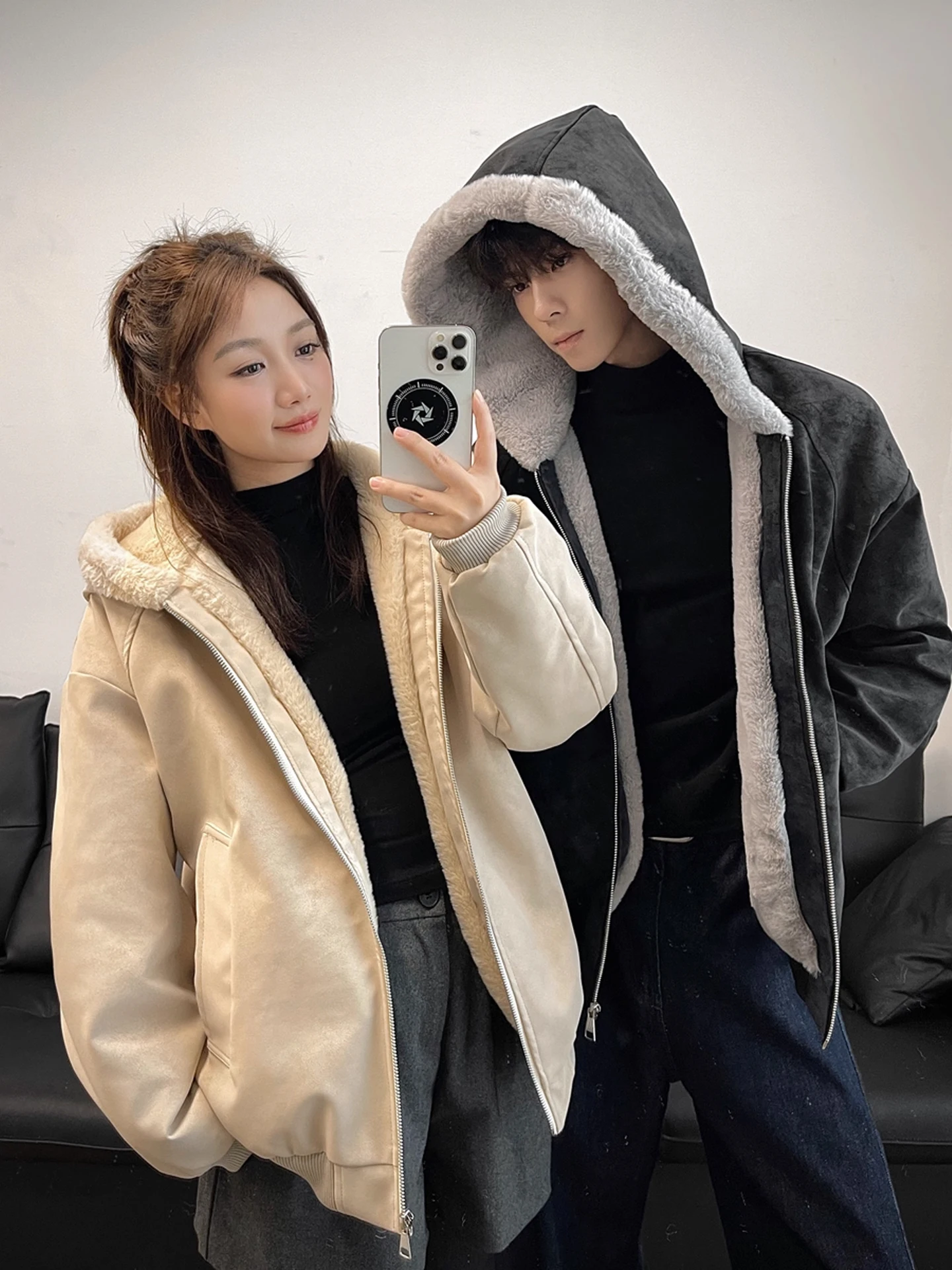 Thickened Winter Cotton Jacket for Men And Women with Fur Collar American Style PU Leather Jacket Warm And Cozy Hooded Coat
