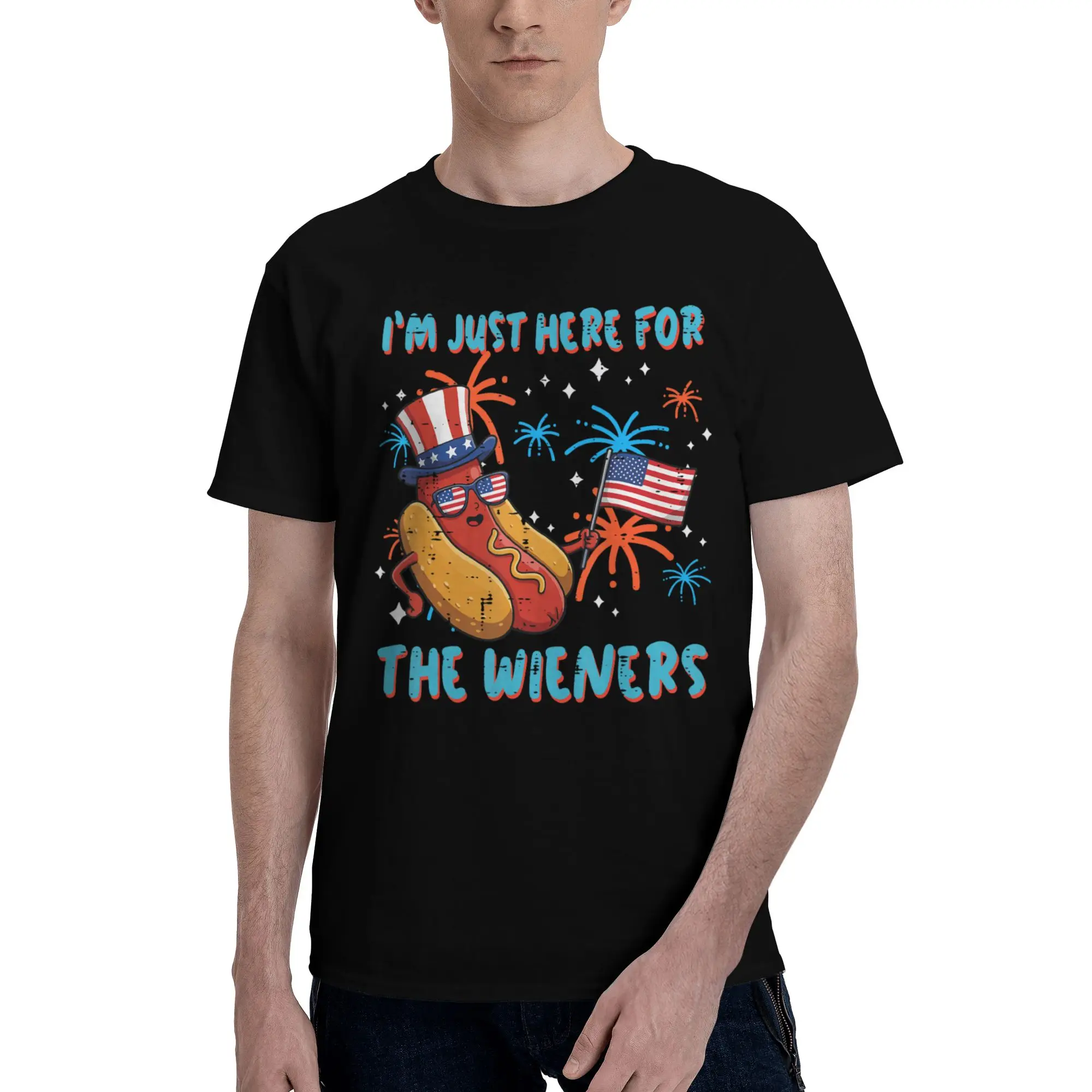 Men Women Printed Hot Dog I'm Just Here for The Wieners 4Th of July   Tee T Shirt Pure Cotton  T-shirts Clothing
