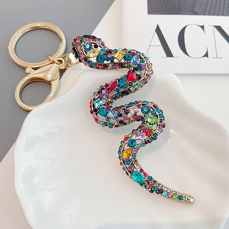 Original Design Mixed Color Sparkle Crystal Snake Keychain Luxury Women\'s Bag Pendant Souvenir Gift