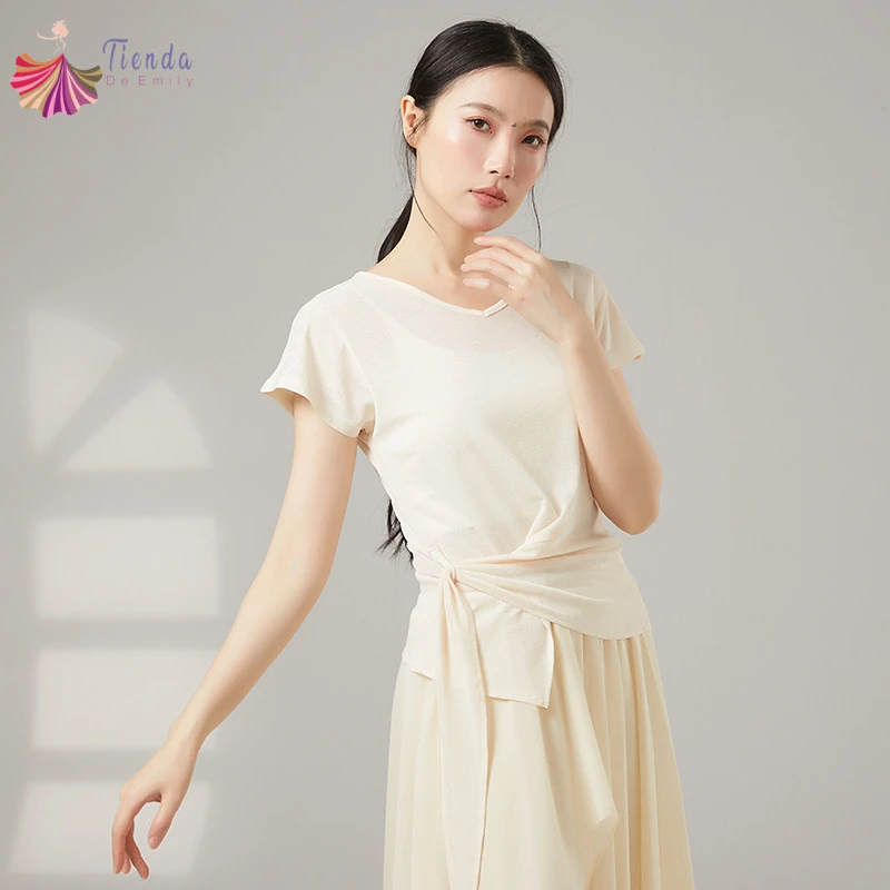 Hauts de danse moderne pour femmes, chemisier à col en V et manches courtes/lanterne, tenue de performance contemporaine, vêtements élégants