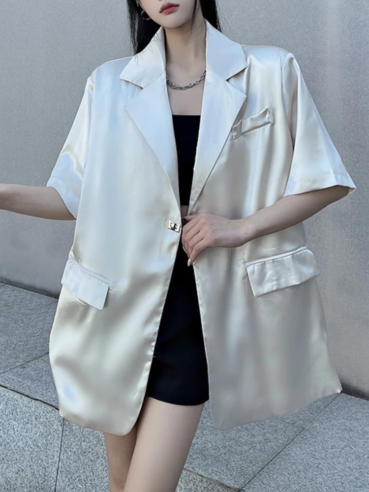 

Sonneesd Acetate Satin Suit Jacket Half Sleeve Minimalist Split Back Design Shirt For Women Loose Single Button Suit Jacket