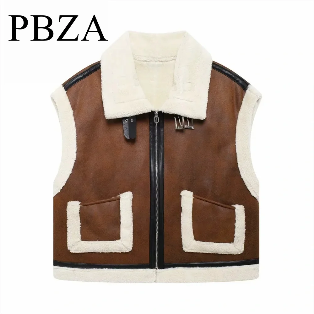 

2024 retro street girl contrasting color lamb wool loose casual jacket vest motorcycle jacket