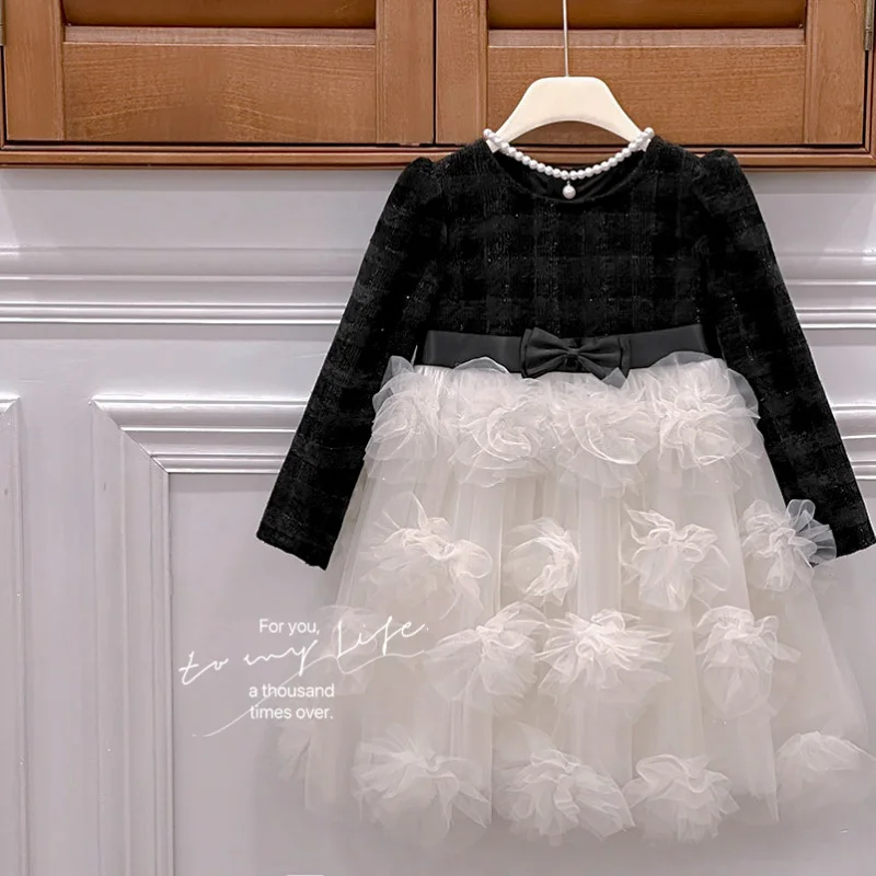 

Girls' Dress2025Autumn New Fashionable Big Girl Princess Dress Flower Mesh Skirt Elegant Plaid Autumn Outfit Trend