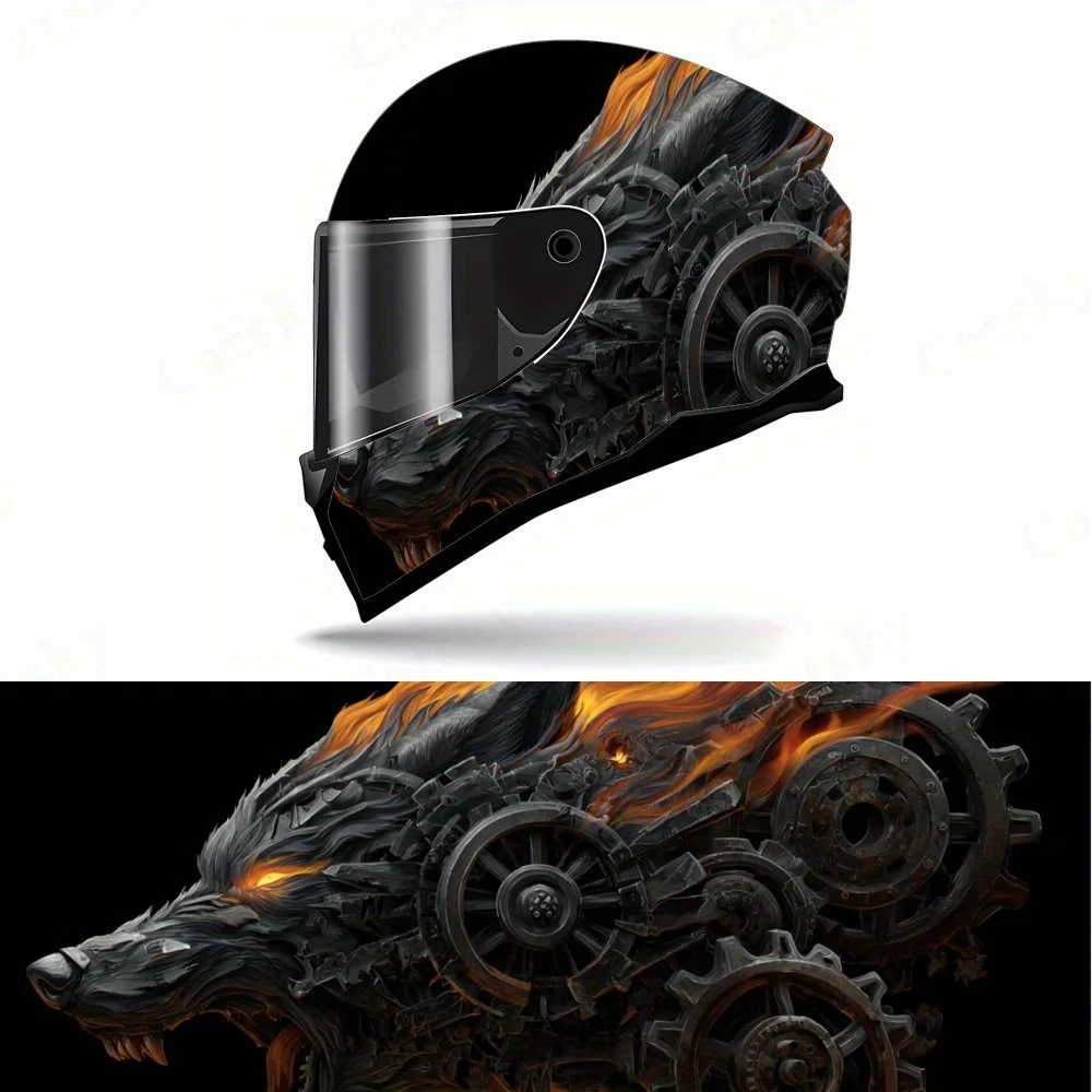 

Artistic intense fantasy dark fire mechanical wolf Full helmet Wrap Sticker Motorcycle helmet Racing graphic Decal Vinyl wrap he