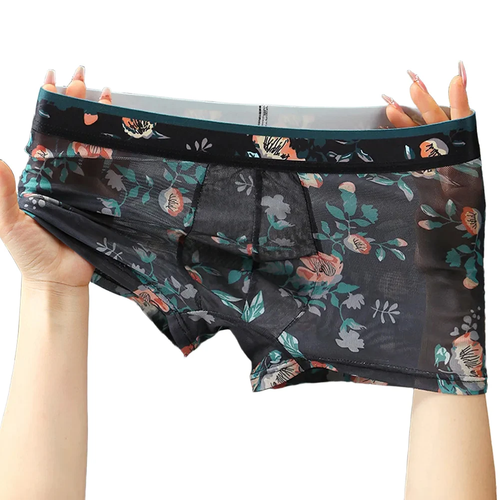 Men Mesh Printed Hot Hot Lingerie Sheer Boxers Adult Underwear Breathable Underpants Sexy Accessories Hot Panties Thin Trunk