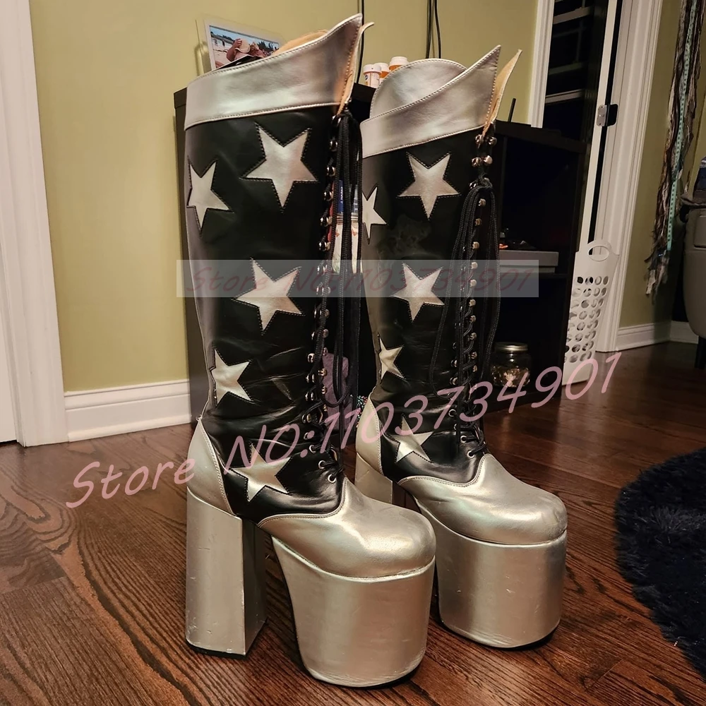 Two-Tone Star Shape Platform Boots Women Silver Five-Pointed Star Block Heels Round Toe Knee High Boots Lace-Up Stylish Y2K Shoe