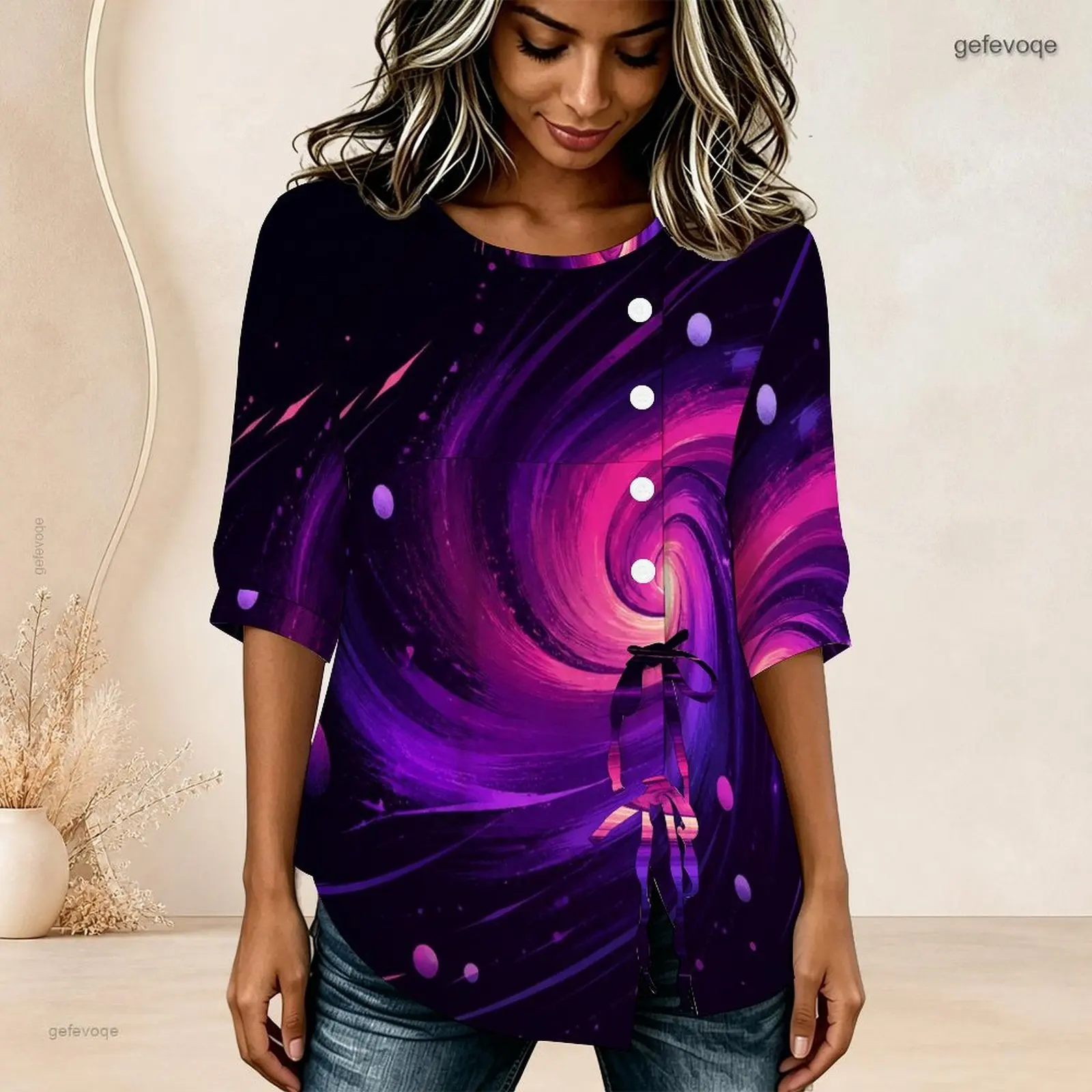 Women Round Neck Half Sleeve Gathered Front Button Detail Tie Hem Printed Blouse