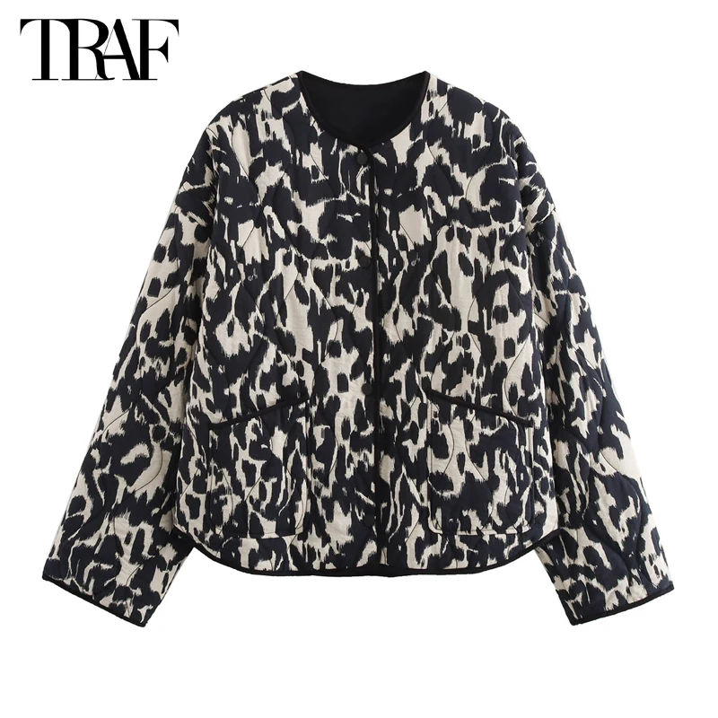 TRAF Zebra Print Oversized Jacket Women Autumn Quilted Jacket Women Long Sleeve Padded Coats Streetwear Casual Jackets for Women