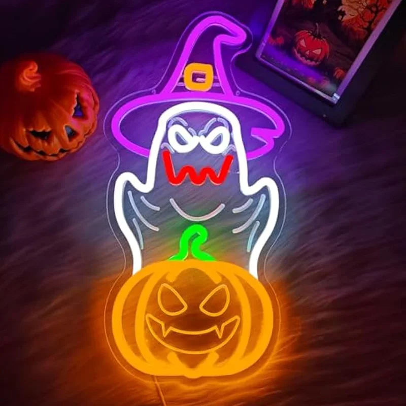 

Halloween Ghosts With Witch Hat Neon Sign USB Dimmable Wall Decor for Light Up Sign Spooky Boo Halloween Party Window Lights