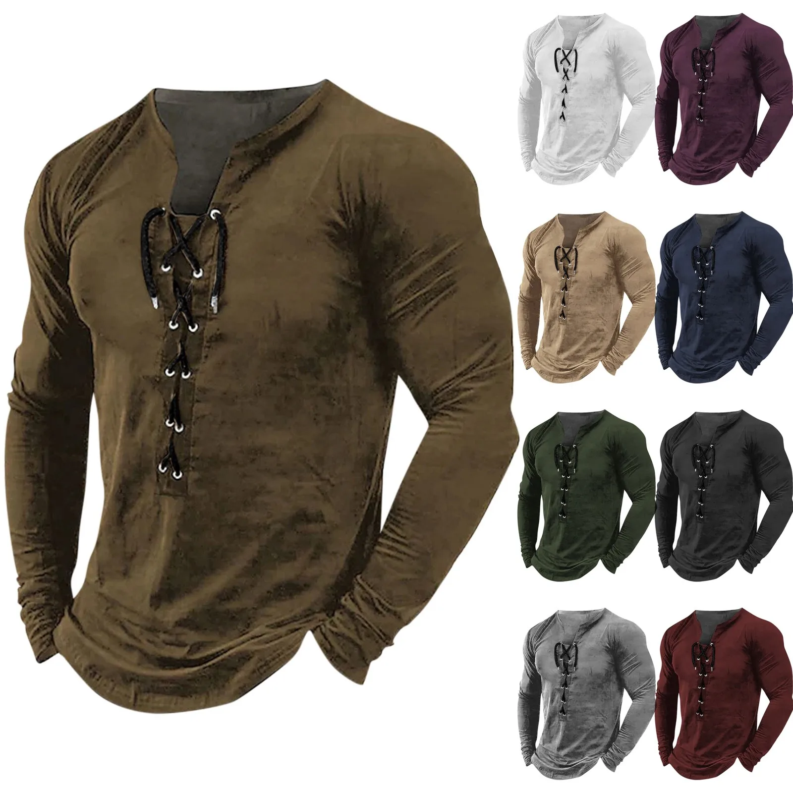 Men'S Outdoor Vintage Lace-Up Hooded Long-Sleeved T-Shirt Autumn Plain Casual Top Camisetas Hombre Verano 2024 футболки оверсайз