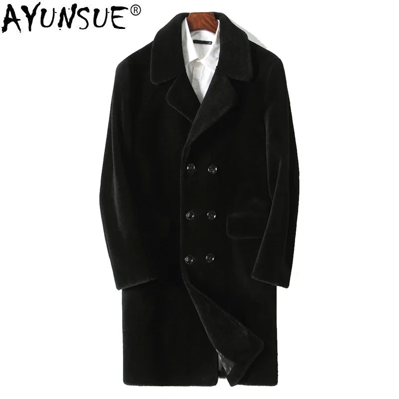 AYUNSUE Men's Real Fur Coat Autumn Winter Jacket Sheep Shearing Double-breasted Long Wool Coat Plus Size 5xl KFS18M204 KJ3801