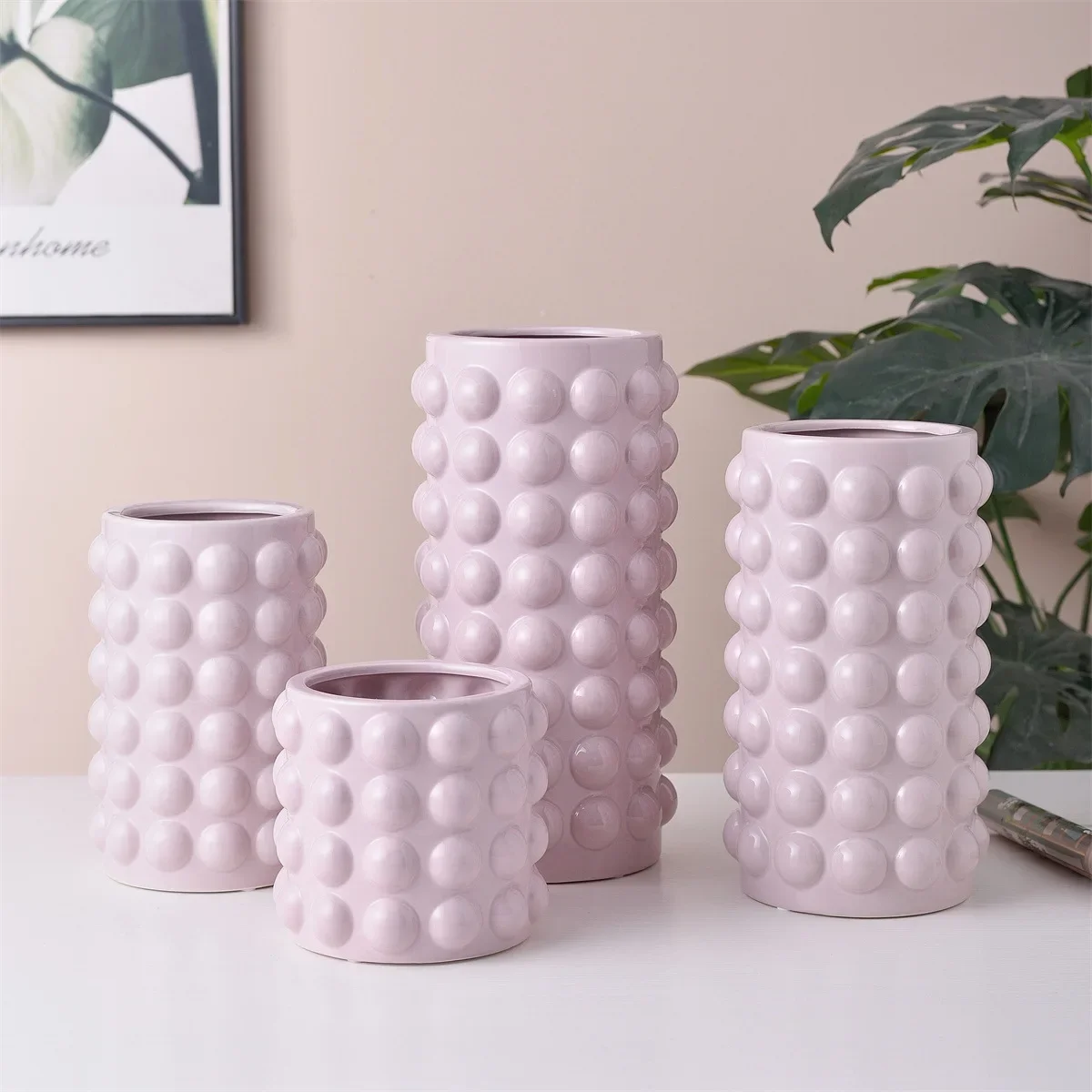 Simple Modern Nordic Fashion Straight Pearl Textured Cream Ceramic Vase
