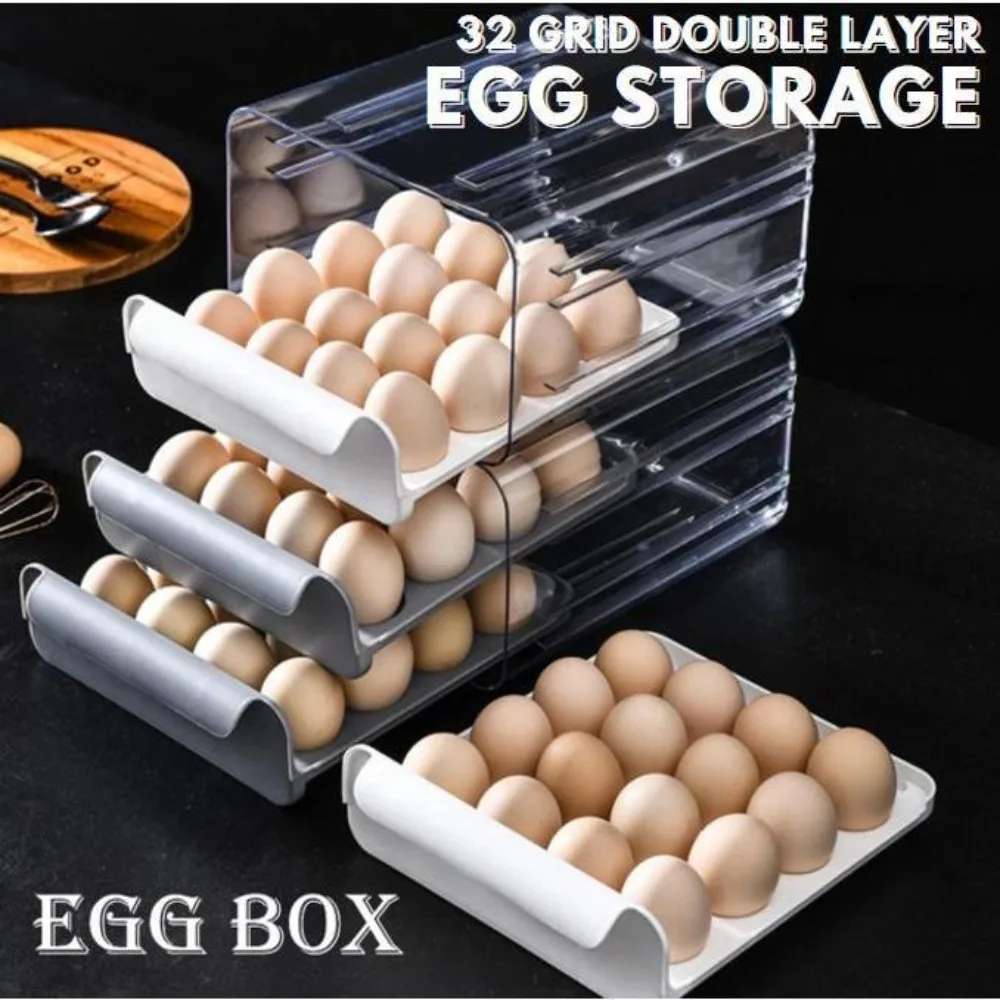 

Large Capacity Refrigerator Egg Storage Box Space Saving 2 Layer Automatic Egg Roller Kitchen Organizer Household