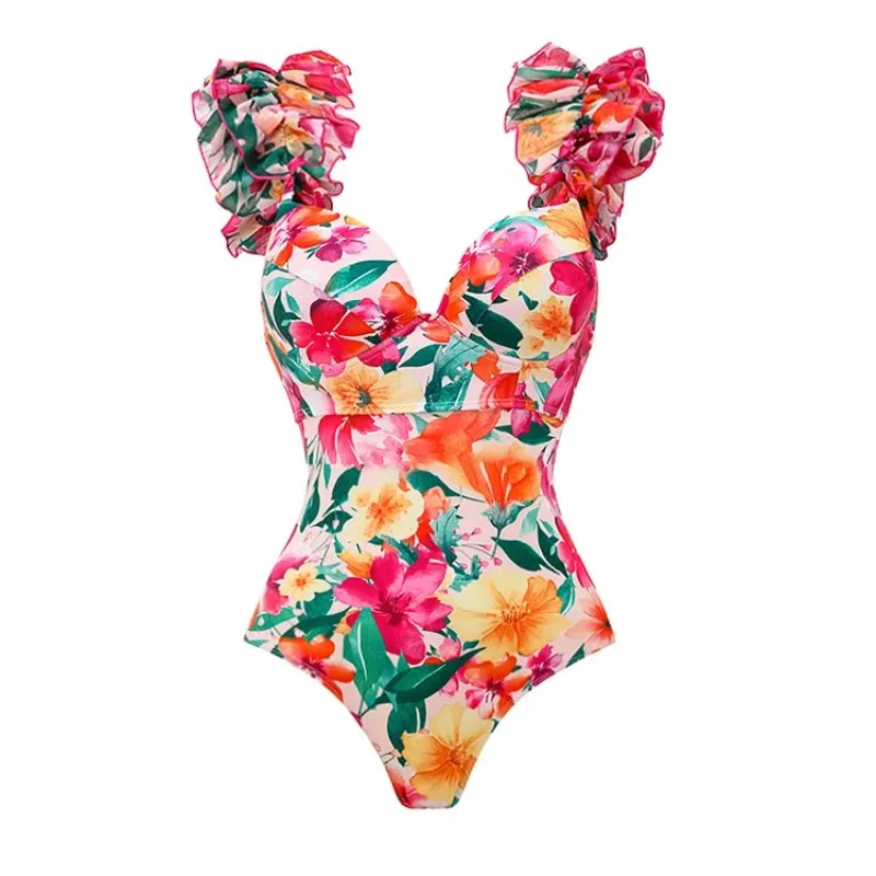 One Piece Swimsuit For Women European And American Swimwear Women's Lotus Leaf Edge Backless Floral Beach Vacation One-piece Swi