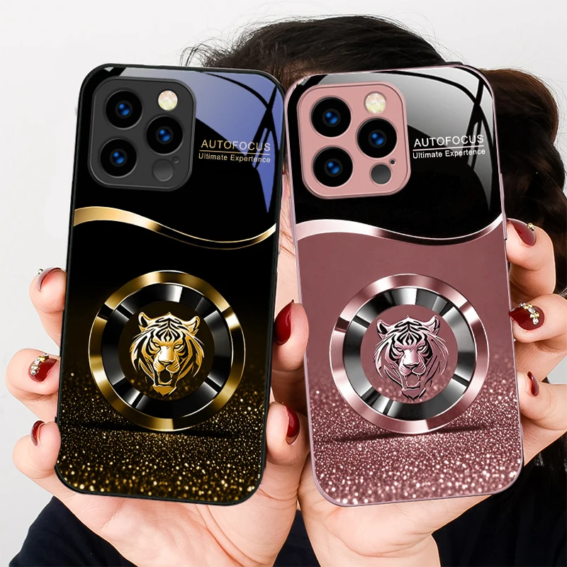 

Gradient Pink Tiger Head For iPhone 16 E 15 14 13 Plus 12 mini 11 Pro Max 11Pro XR Xs X 7 8 P lus 16E Tempered Glass Phone Case