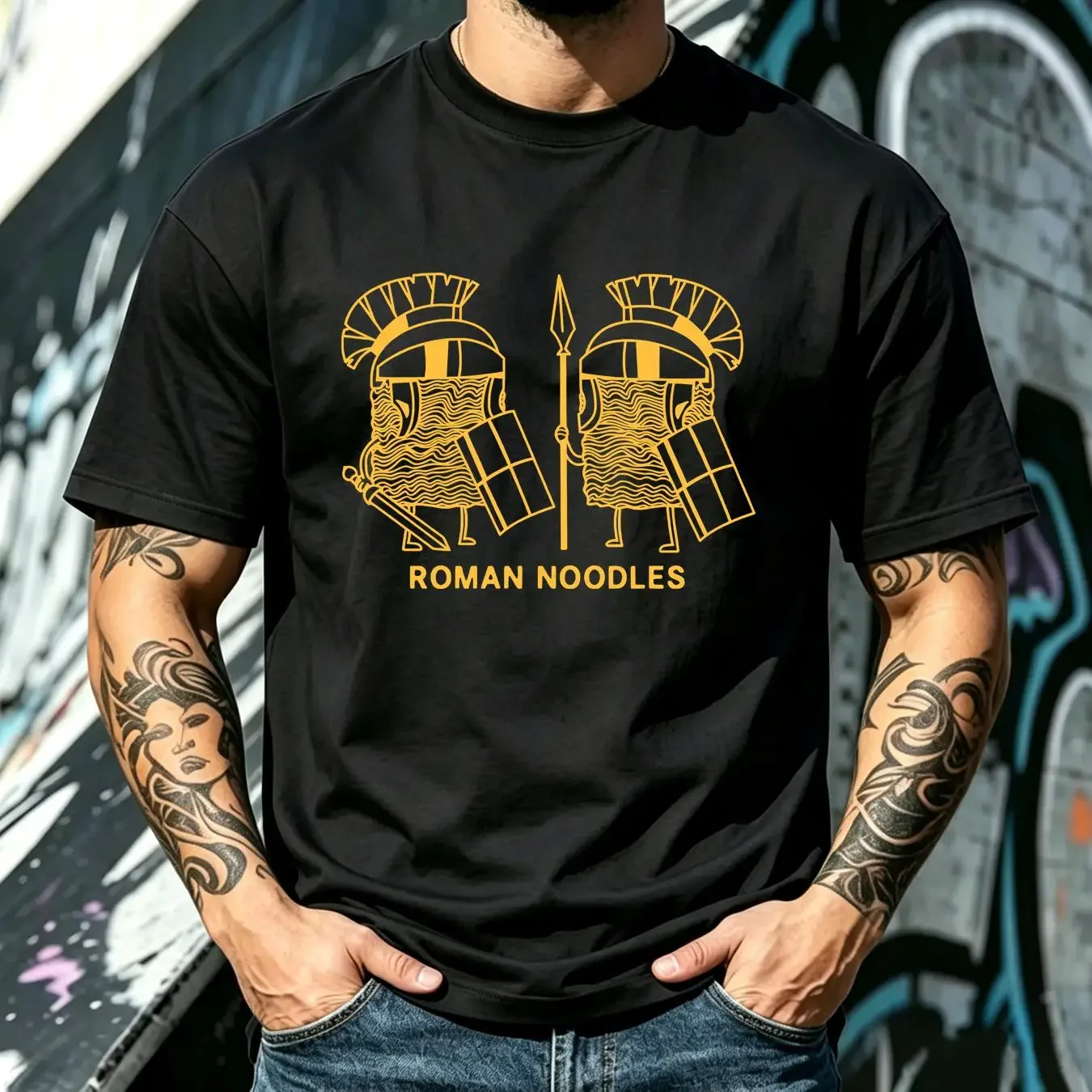 washed T Shirt Mens Roman Noodles Funny Ramen Ancient Rome Joke For Guys vintage Washed Breathable homme Stretched Slightly
