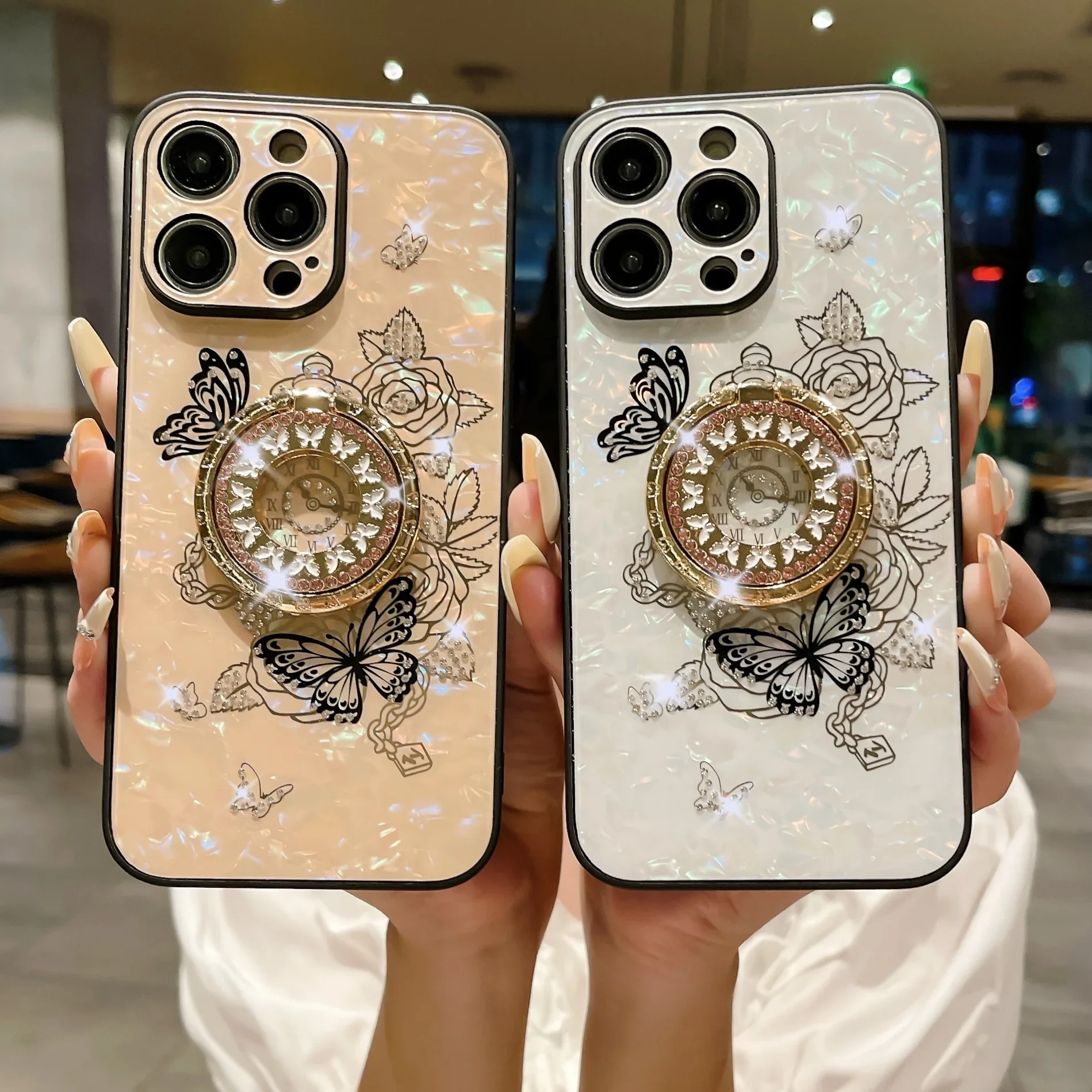 Light Luxury Style Florals Diamond Encrusted Stand Phone Case For iPhone 15 Plus 14 13 12 11 Pro Max Anti-Drop Cover