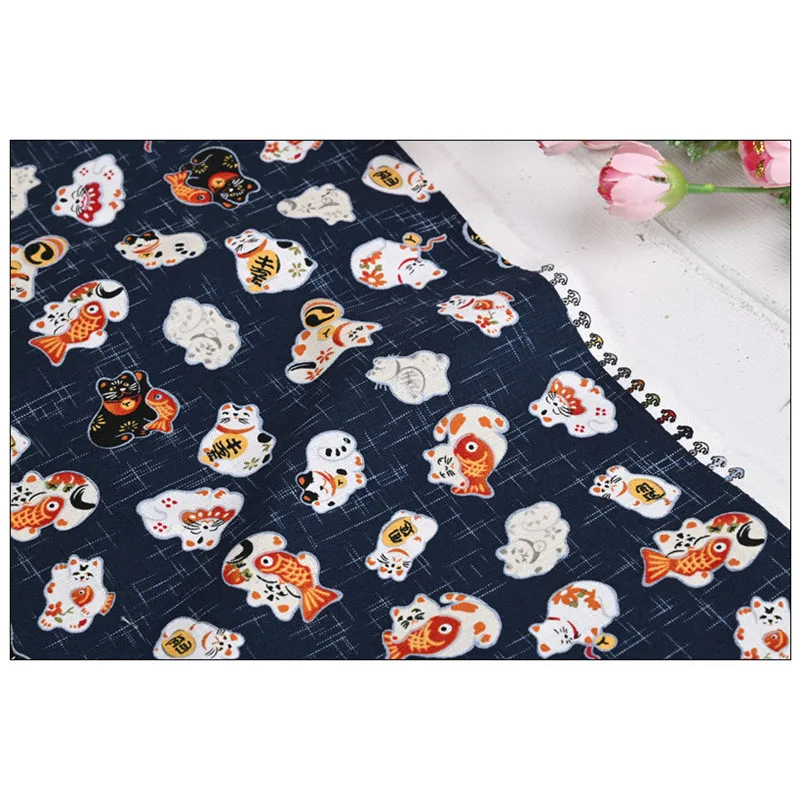 Tkanina bawełniana Half Yard Slub z nadrukiem Fortune Cat, ręcznie robiona torba do szycia odzieży, 100% bawełna, CR-1730