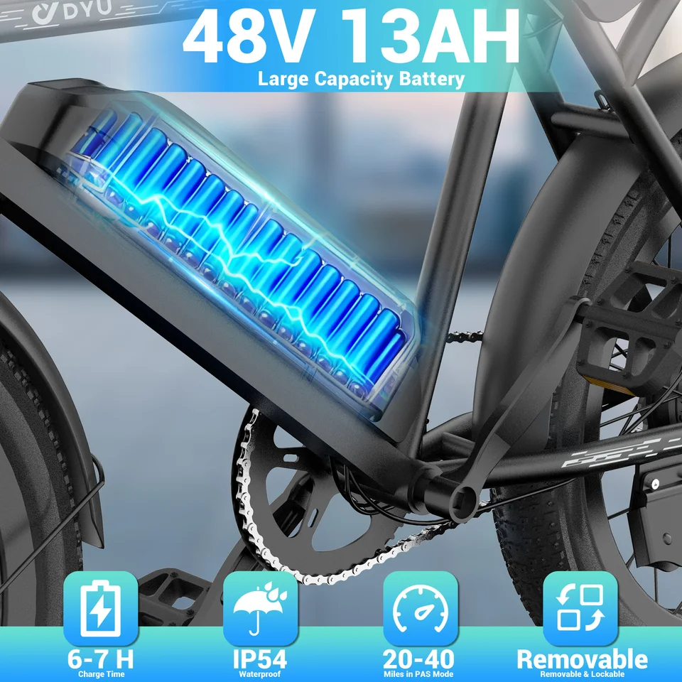 DYU BMX Electric Bike 20*3.0 Fat Tire E-Bike 48V 13Ah Removable Battery 1000W Peak Motor City Electric Bicycle for Adults image 3