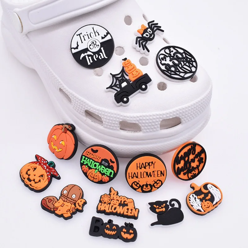 1-14Pcs Happy Halloween Cartoon PVC Shoe Charms for Clogs Bubble Sandal Shoe Accessories Decoration Pins Fit Halloween Gifts Kid