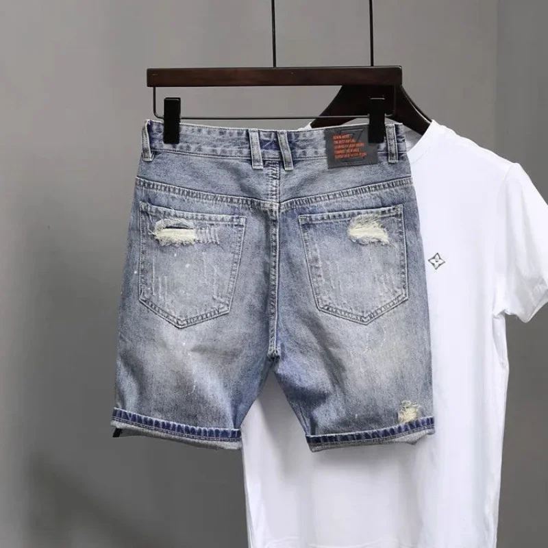 Short Jeans Pants for Men Ripped Blue Baggy Man Denim Shorts Trend 2024 Wide Harajuku Retro Cowboy New in Cut Sale Thin Rude Xl