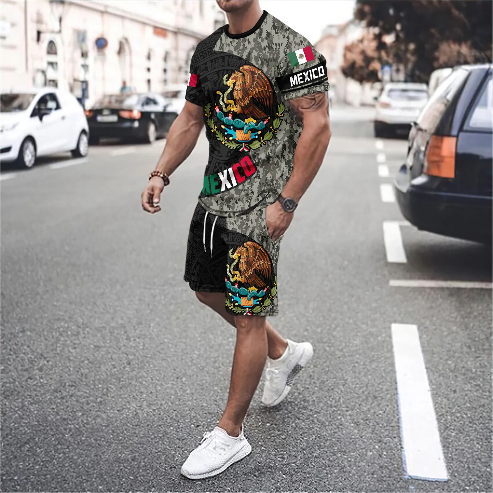 Trend Men\'s Suit Summer Fashion Casual 3D Mexican Flag Pattern Loose T-shirt Shorts 2-Piece Set Men\'s Breathable Sports Clothing