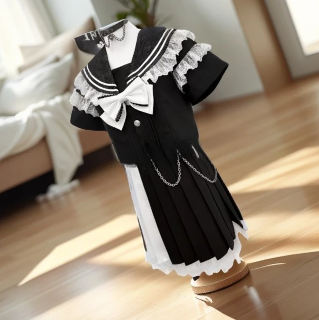 

Japanese Original Gothic Style Black White Color Block Short Sleeve Top and High Waist Short Pleated Skirt Sweet Girl Set