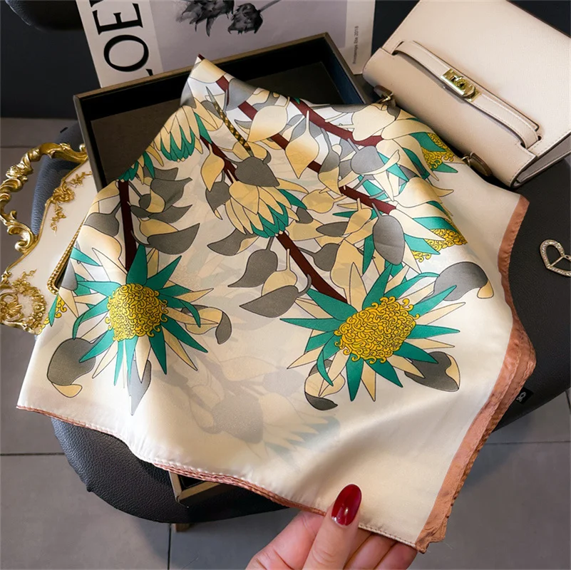 Luxury Silk Feeling Square Scarf Women 2024 Print Satin Neckerchief Spring Hair Band Foulard Bandana Echarpe Tie Shawl Wraps