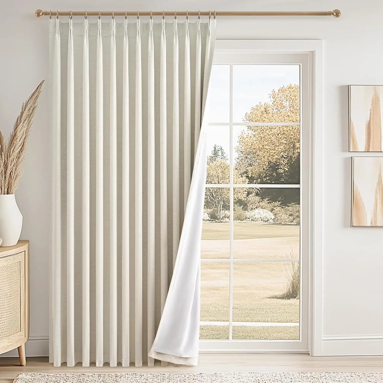 100% Blackout Curtains 96 inch Long, Linen Pinch Pleated Drapes with Hooks for Large Windows