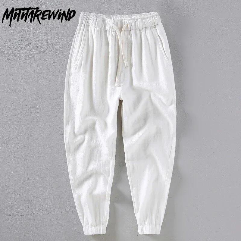 

Japanese Cotton Linen Pants Men Daily Casual Pencil Pants Drawstring Elastic Waist Nine Point Pants Youth Simple Mens Trousers