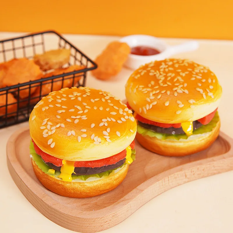 1Pcs Simulation Beef Hamburger Fake Bread PU Artificial Burger Model Bakery Display Sample Prop Cabinet Ornament Kids Game Toy