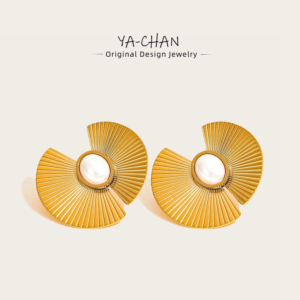 YACHAN Stainless Steel Big Stud Earrings For Women Imitation Pearl Flowers Hyperbolic Metal 18K Gold Plated Trendy Jewelry Gift