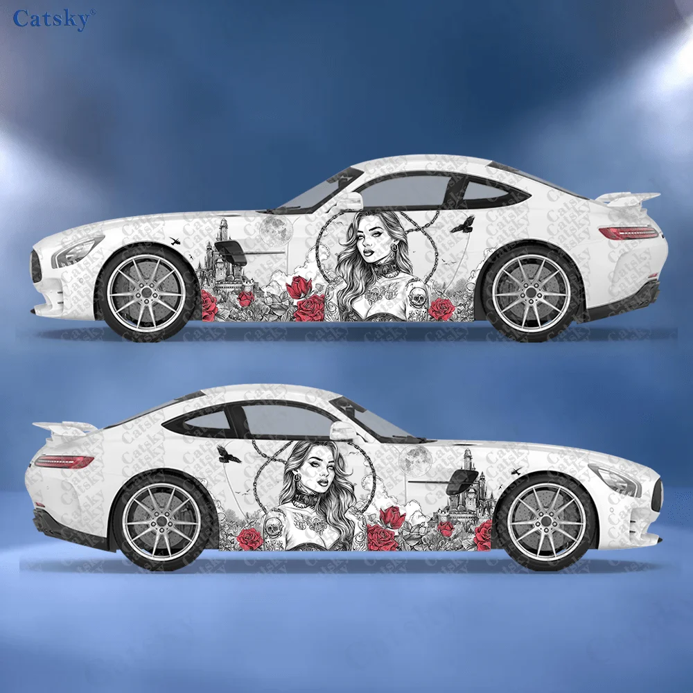 

2 шт. готических наклеек с изображением женщины в кустах роз, подходят для автомобилей и грузовиков, прочные, легко устанавливаются и снимаются, виниловые наклейки для авто.