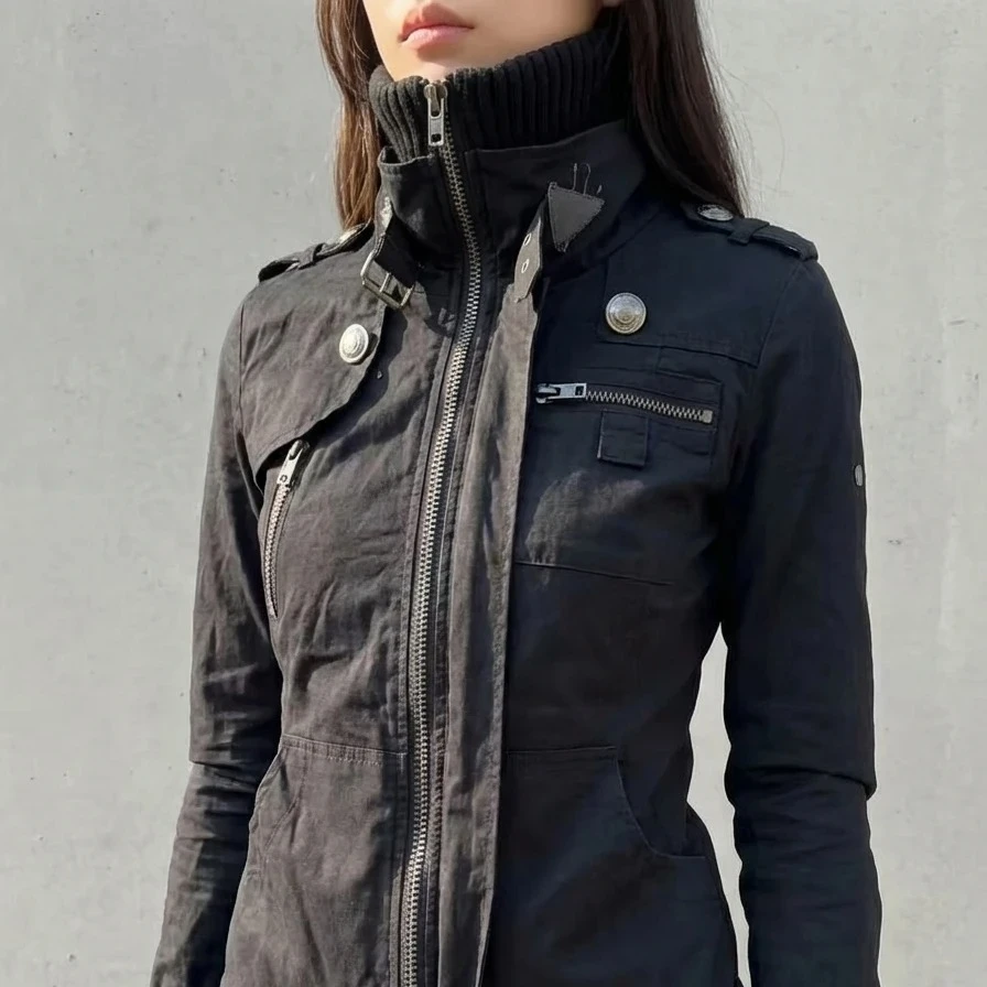 Y2K Schwarze Taktische Gerippte Strickjacke mit Reißverschluss für Damen, Streetwear, Vintage-Schnallendetail, Lässige Urbane Mode, Herbst-Winter-Mantel