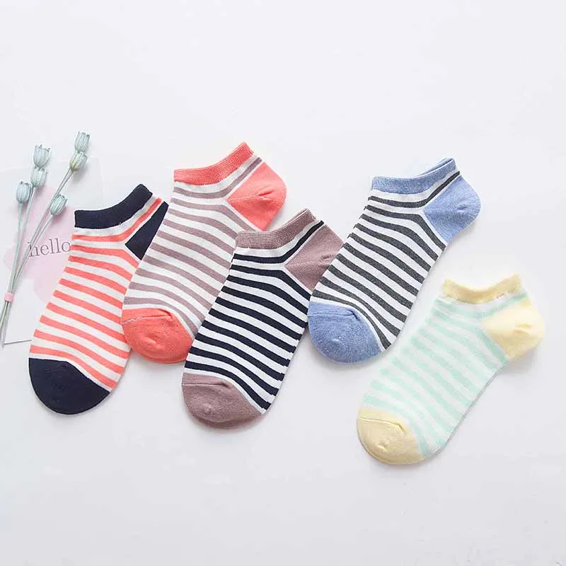 5 Pairs Spring Summer Women Socks Solid Colors Stripe Breathable Cotton Short Socks Female Funny School Girls Casual Ankle Socks