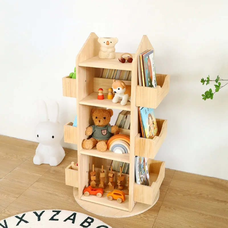 Children's Rotating 360-degree Bookcase Can Move Solid Wood Environmental Protection Student Books Picture Book Storage Rack