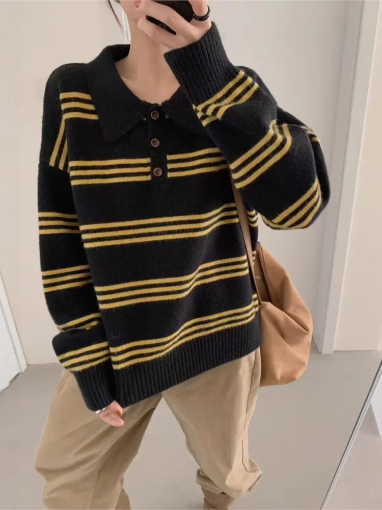 

Fashion Knitted Pullover Winter Clothe Woman Pull Femmes All-match Loose Simple Style Sweater Striped Casual Commuting All-match