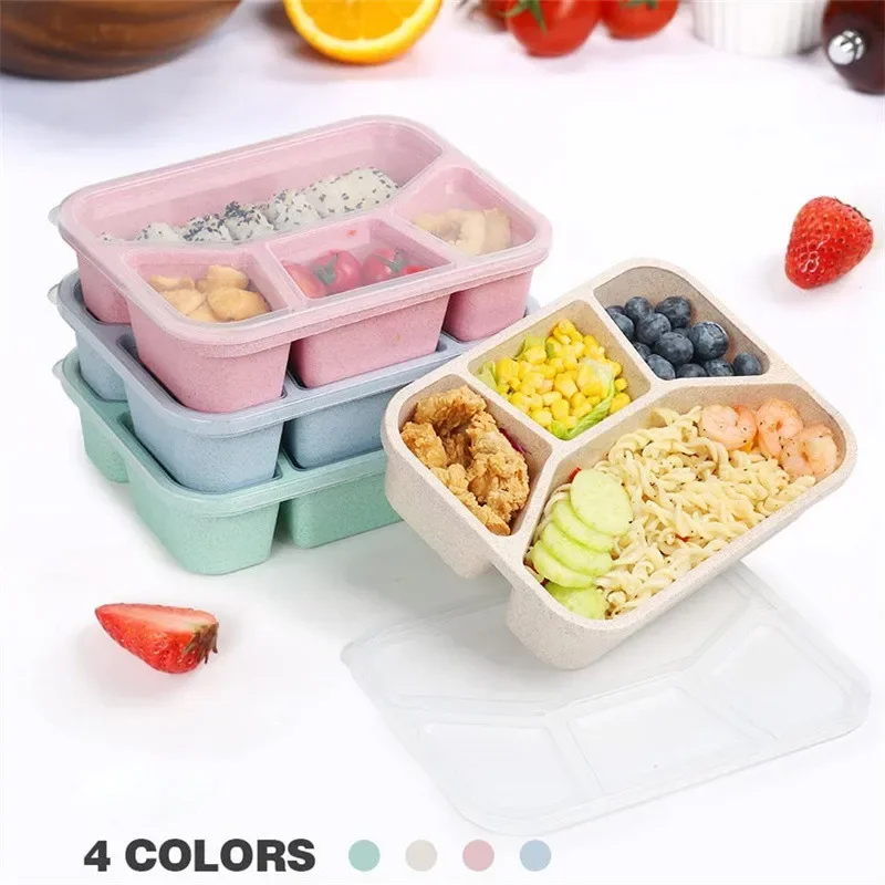 Microwave Lunch Box4 Grids Wheat Straw Dinnerware Food Storage Container Children School Portable Bento Box BPA Free Kids Tools