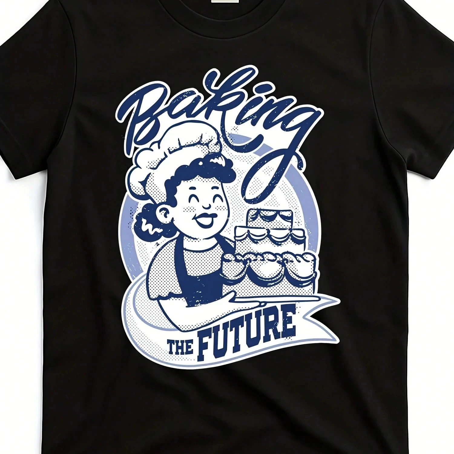 Retro Black Printed Unisex T-shirt - Describing A Happy Woman Wearing A Chef's Hat and Blue Apron High Quality Cotton