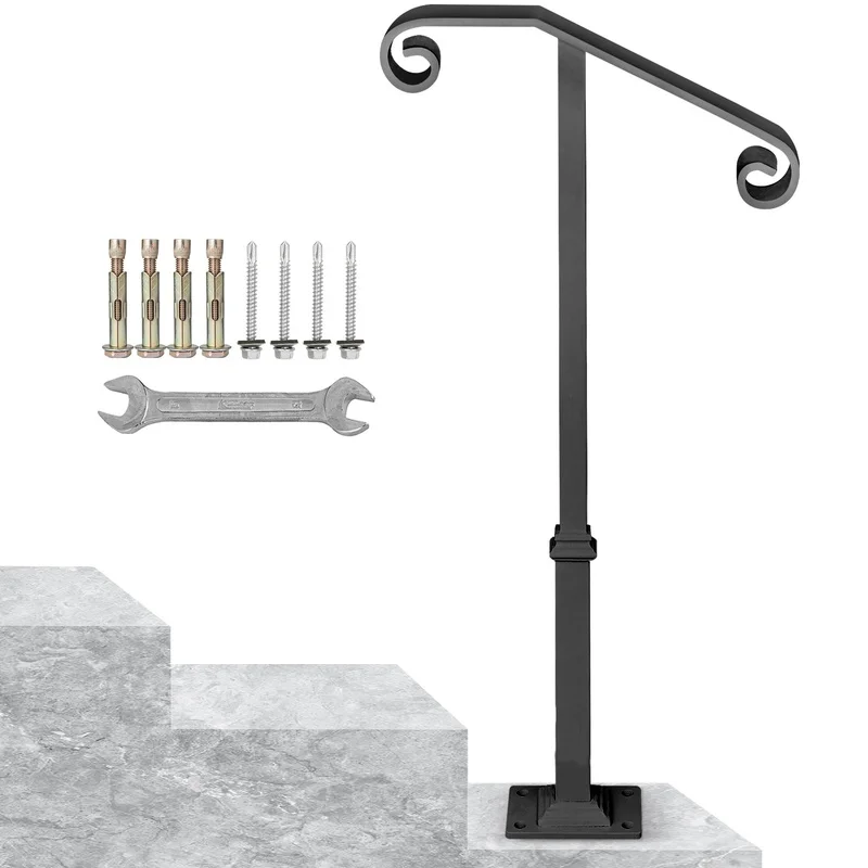 

Gray Wrought Iron Handrail for 1-2 Outdoor Steps, Single Post Porch Railing with Base for Concrete or Wood Stairs