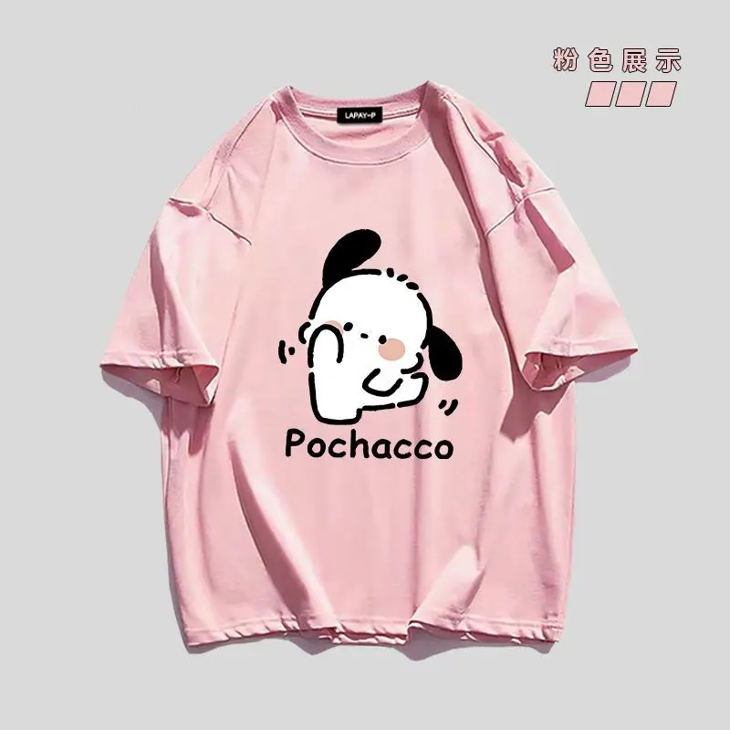 

Уютная футболка Sanrio Pochacco из плотного чистого хлопка с милым принтом, с короткими рукавами, повседневная летняя футболка в студенческом стиле для девочек