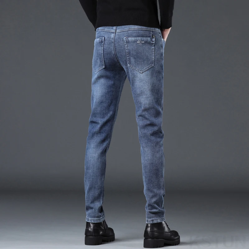 Celana Jeans Fleece KSTUN Pria Musim Dingin, Celana Denim Slim Fit Kasual Hangat, Celana Pensil Streetwear Musim Gugur Musim Dingin, Celana Skinny Biru
