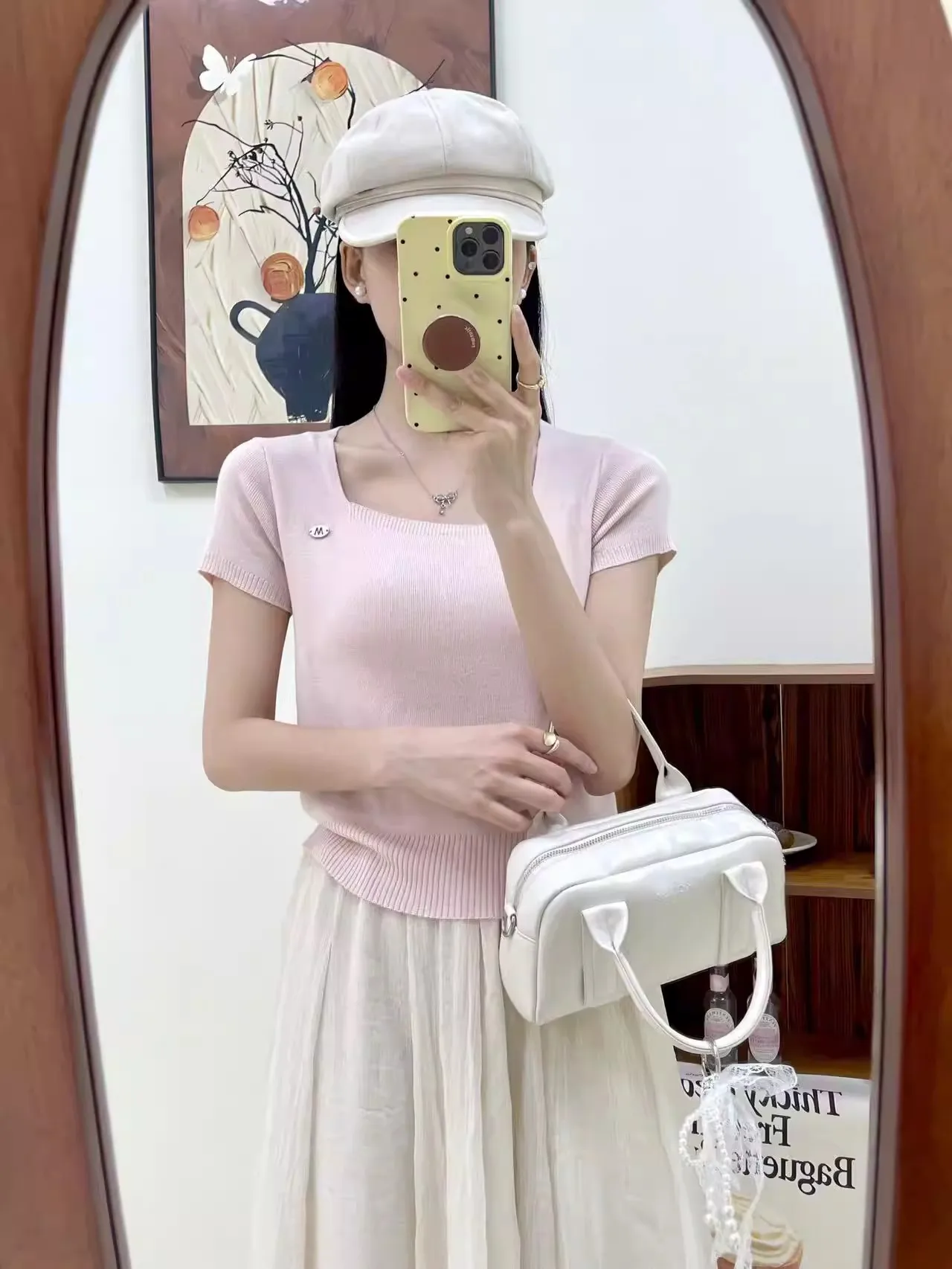 

Slim Fit Short Sleeve Knitted Ice Silk Top Korean Style Square Neck Summer New Arrival Women's Fashion Gentle Style Knitwear