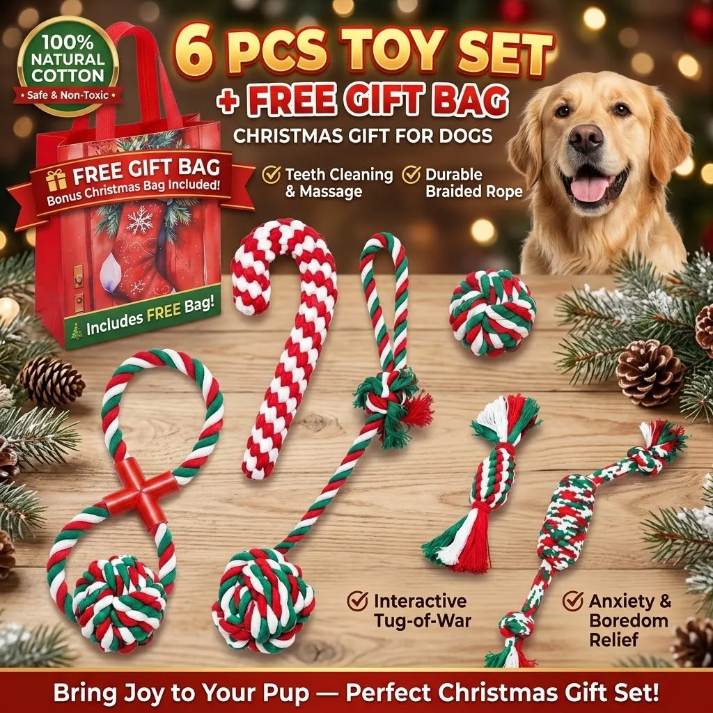 6 Pcs Christmas Dog Rope Toys Set with Free Gift Bag, Natural Cotton Puppy Chew Toys for Teething, Interactive Tug of War & Bore