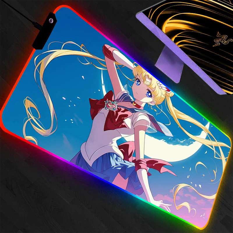 

Коврик для мыши RGB Sailor Moon, профессиональный, для киберспорта, для геймеров, с обработанными краями, резиновый, настольный, со светодиодной подсветкой, для мыши и клавиатуры