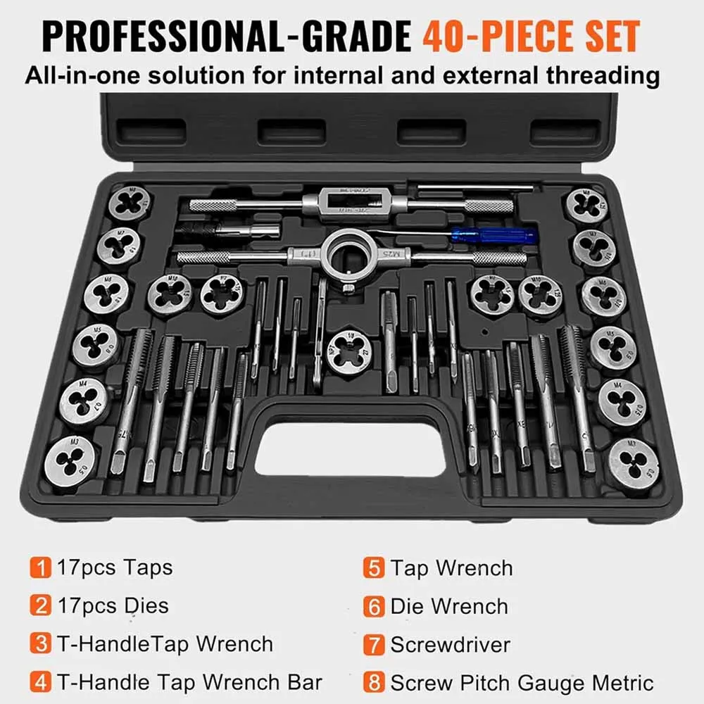 Professional 40Pcs Metric Tap and Die Set M3 - M12 Nut Bolt Screw Thread Steel Pitch Gauge Repair Tool with Black Case