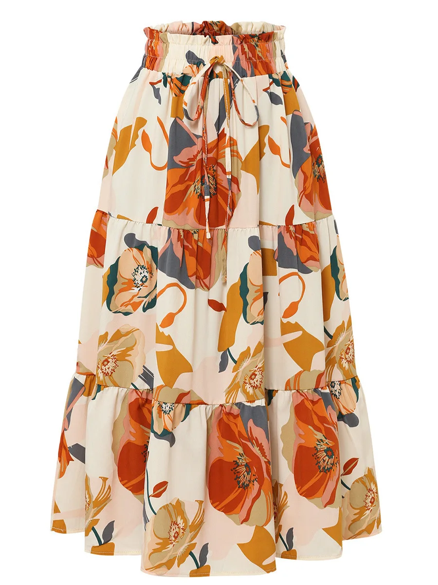 

High Waist Printed Lace up Skirt Floral Print f Length with Belt A-Line Silhouette Casual Polyester Fabric Women's Skirt
