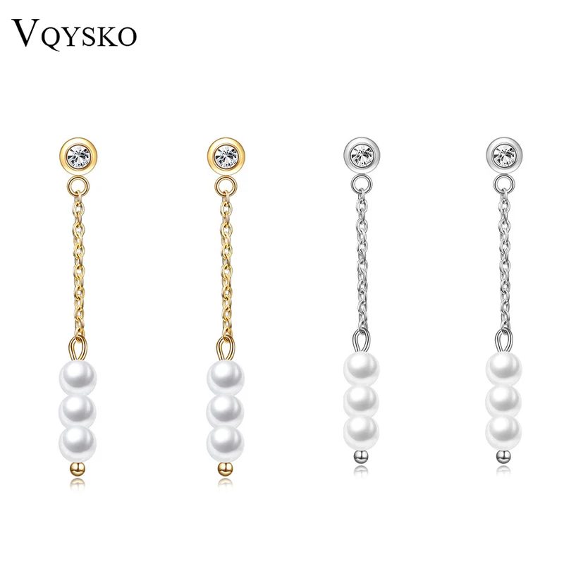 

VQYSKO Stainless Steel 14k Gold Plated Earrings Pendant Jewelry Waterproof Cubic Zirconia Long Chain Pearl Women's Earrings