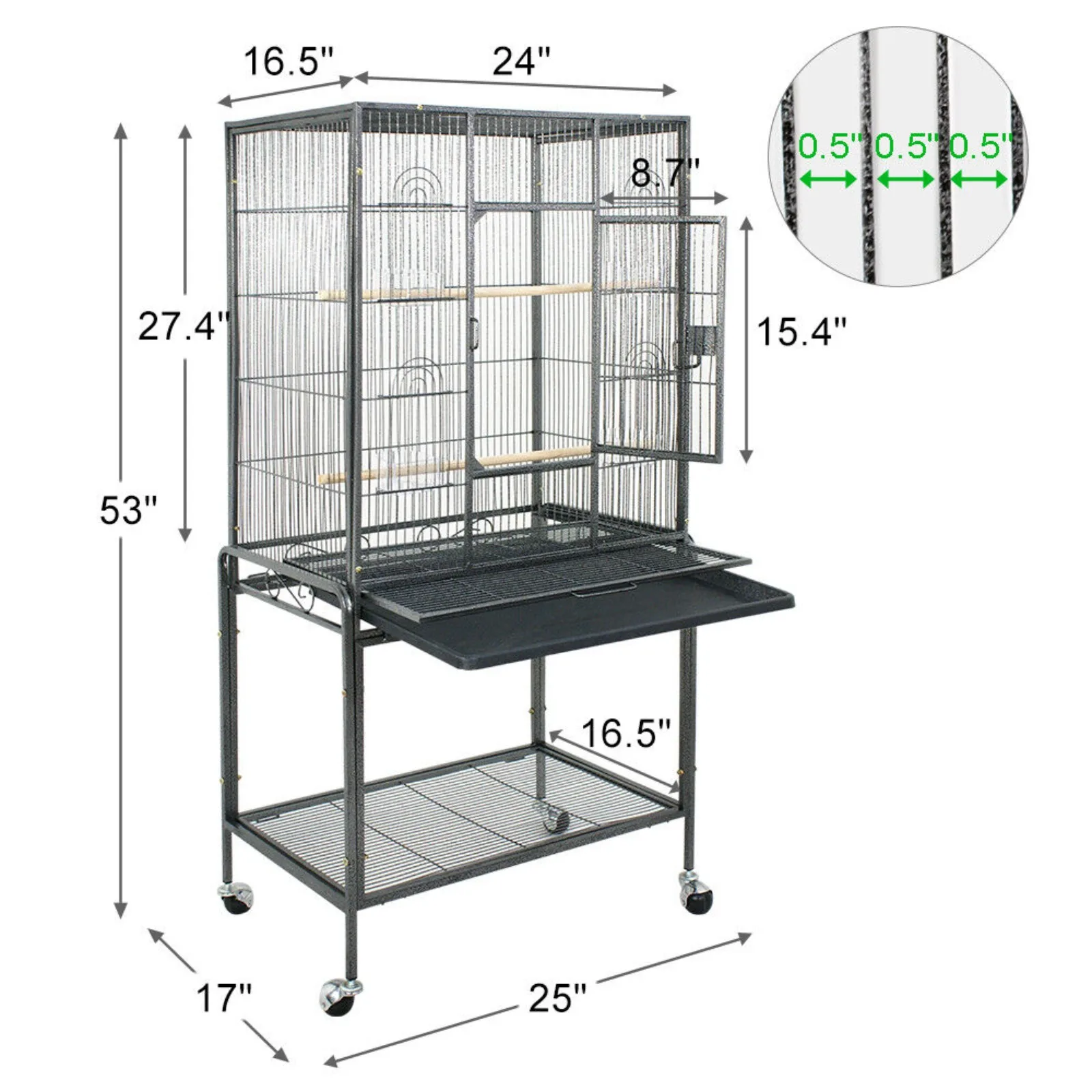 53 Inch Flight Bird Cage Large Wrought Iron Parrot Cage with Rolling Stand Black United States